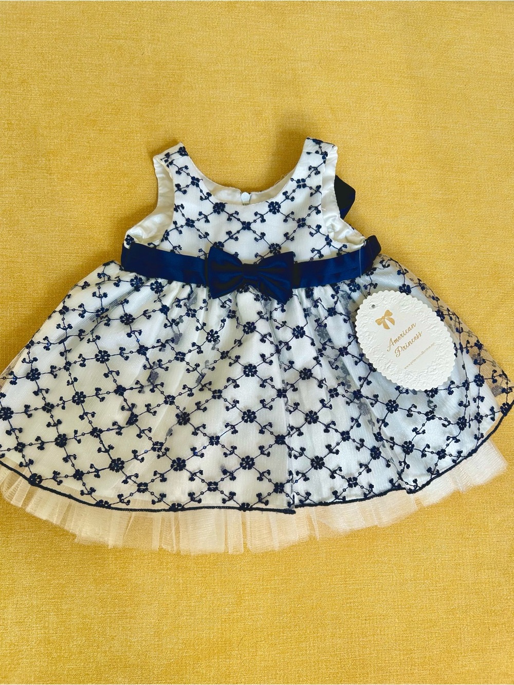 American Princess White Dress with Navy Embroidery and Bow